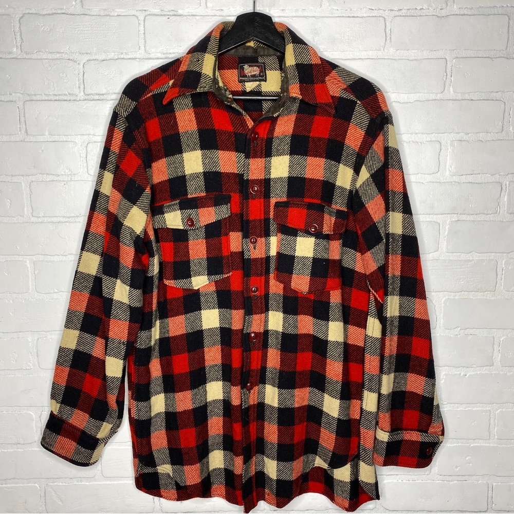 Vintage 50’s Woolrich Wool Flannel Shirt Lumberjack Buffalo Plaid Red Mens Large